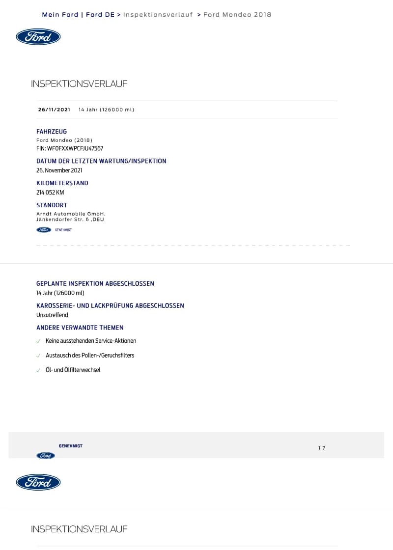 Первая страница образца дилерской истории Ford
